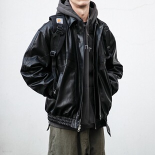 防风外套潮 宽松休闲痞帅机车皮衣夹克短款 美式 复古派克服男秋冬季