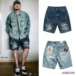 美式夏季牛仔短裤余文乐同款水洗男士潮流宽松五分裤破洞设计感潮