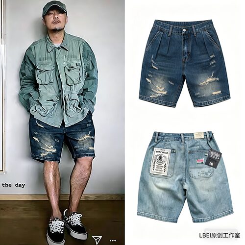 美式夏季牛仔短裤余文乐同款水洗男士潮流宽松五分裤破洞设计感潮