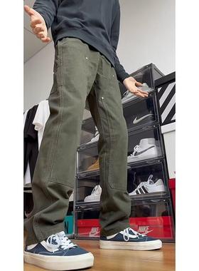 军绿色工装牛仔裤男2025春秋新款解构裤子美式高街B01双膝伐木裤