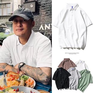 日系polo衫男短袖夏季休闲余文乐同款设计感翻领宽松纯色半袖上衣