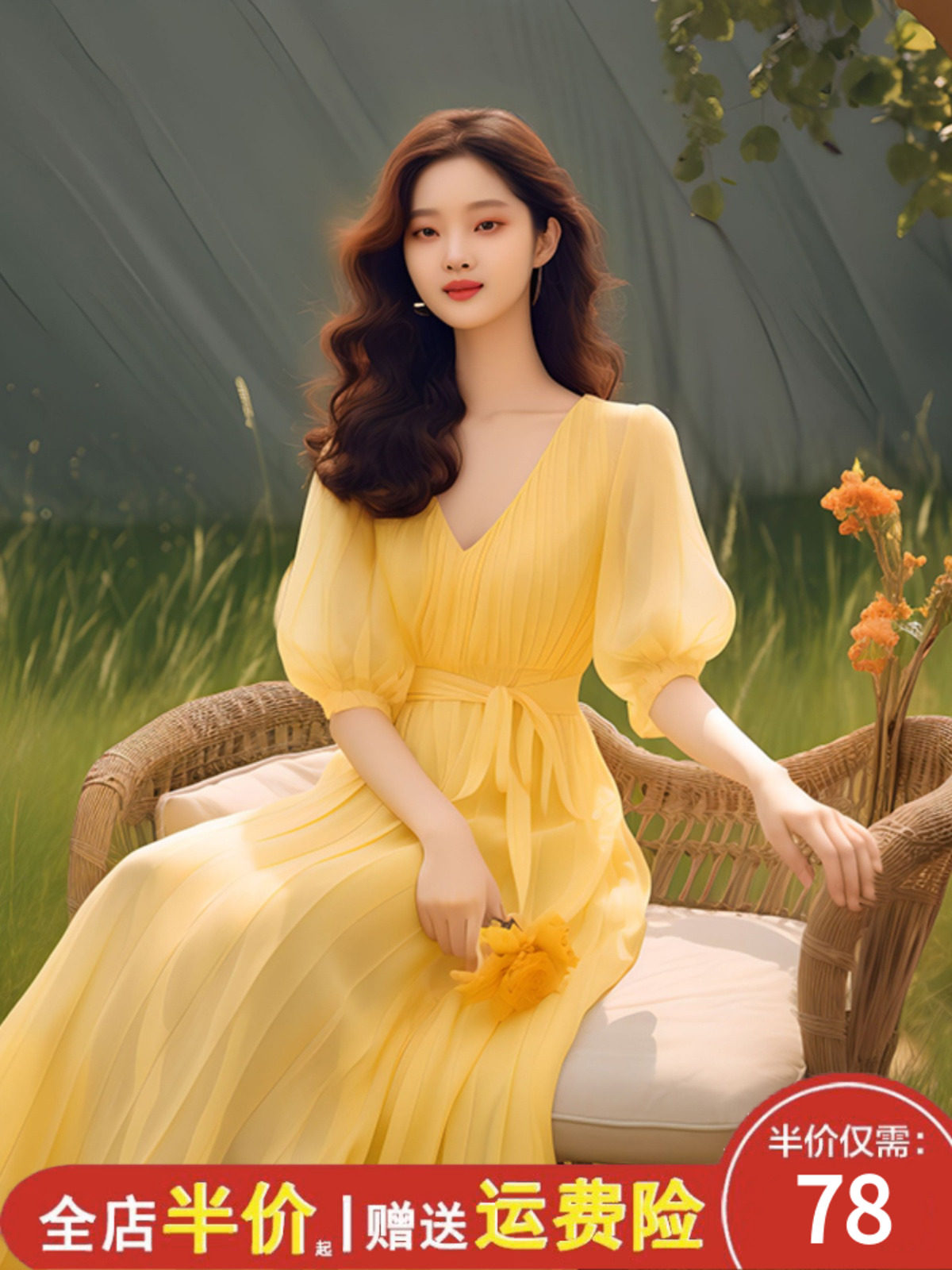CHARMING SKIRT WOMENS CLOTHING SUMMER 2024 NEW FOREIGN STYLE AGE-REDUCING SEASIDE VACATION YELLOW SHORT-SLEEVED DRESS