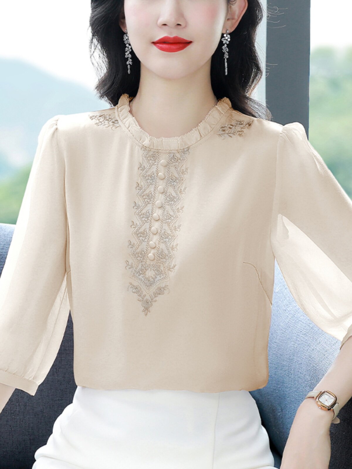 실크 셔츠 뽕나무 실크 탑 여성 여름 2024 새로운 쉬폰 브랜드 셔츠 레이디 자수 블라우스