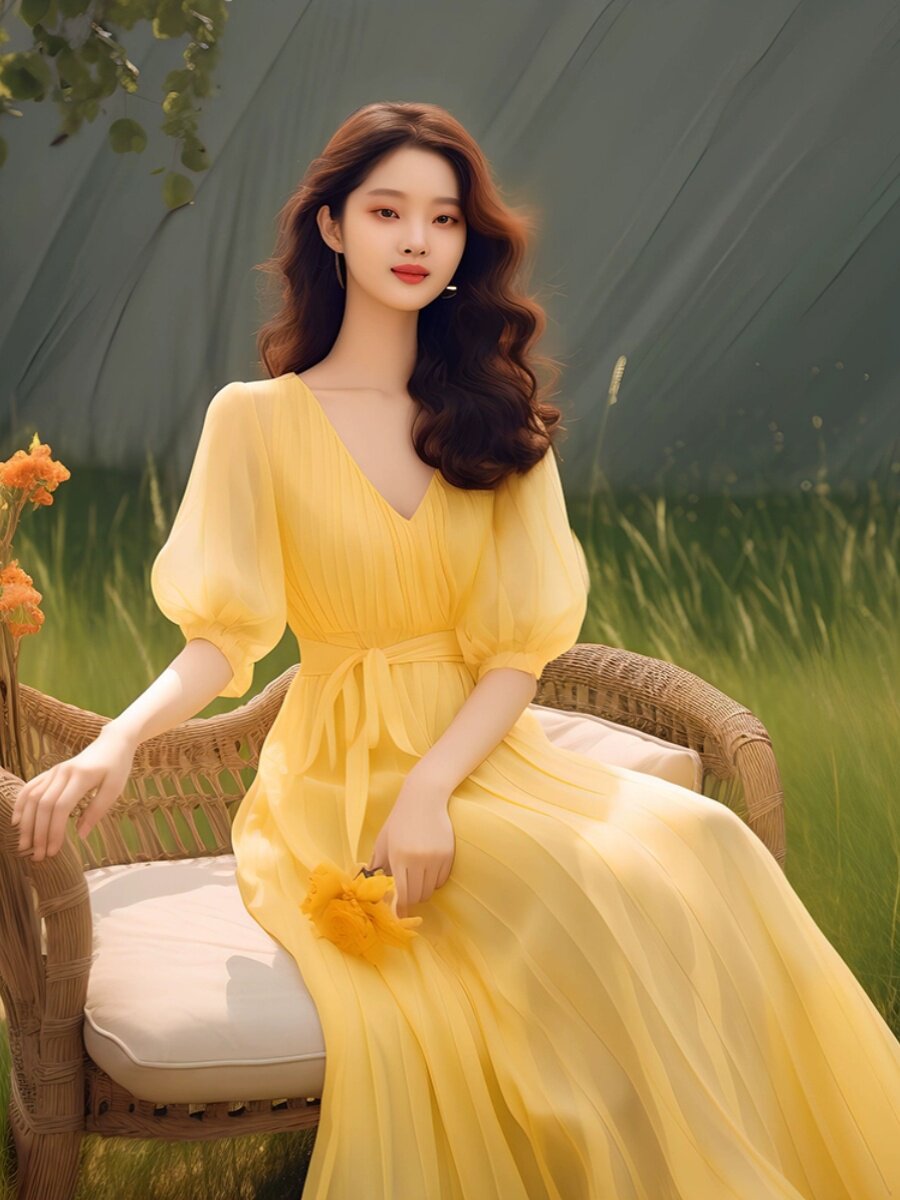 CHARMING SKIRT WOMENS CLOTHING SUMMER 2024 NEW FOREIGN STYLE AGE-REDUCING SEASIDE VACATION YELLOW SHORT-SLEEVED DRESS