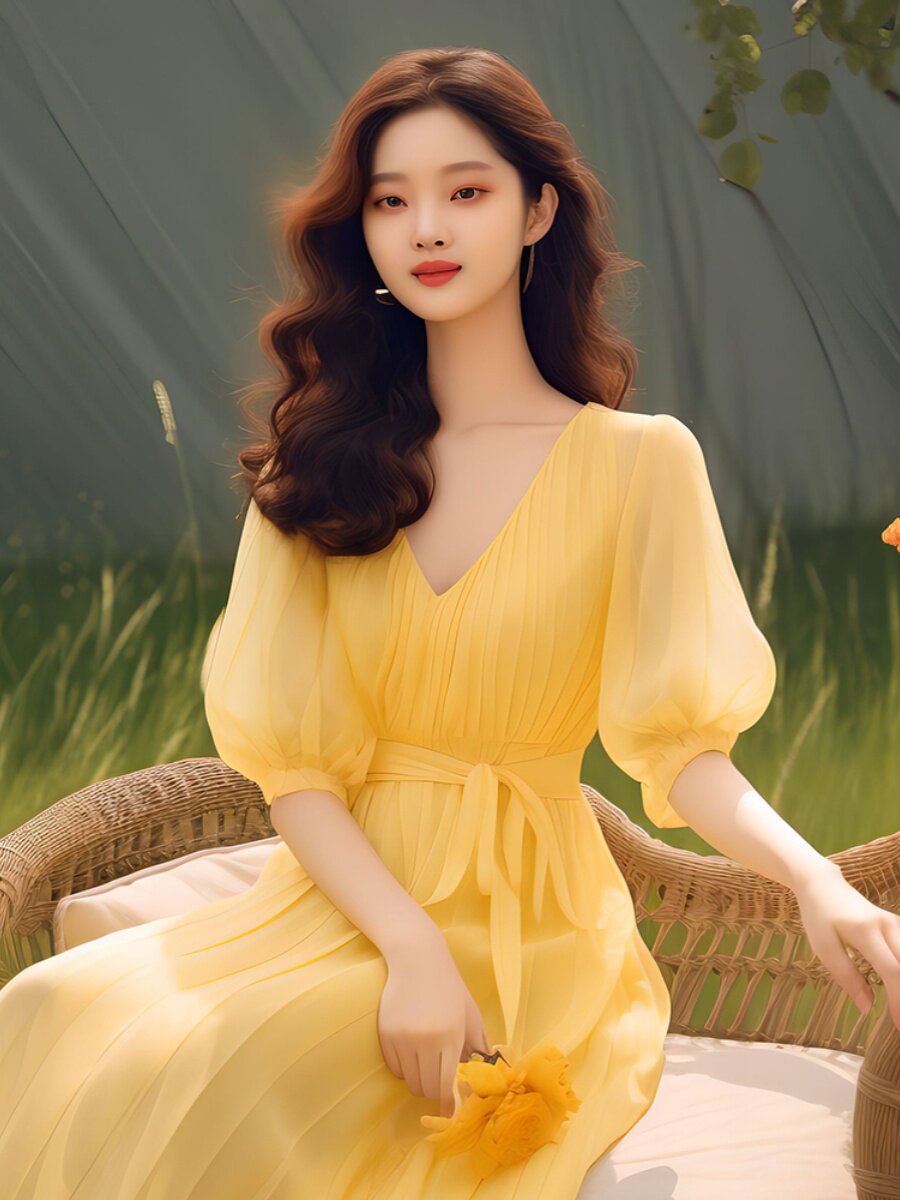 CHARMING SKIRT WOMENS CLOTHING SUMMER 2024 NEW FOREIGN STYLE AGE-REDUCING SEASIDE VACATION YELLOW SHORT-SLEEVED DRESS