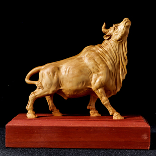 黄杨木雕牛气冲天动物华尔街牛招财汽车摆件实木中式开业工艺礼品