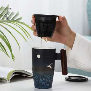 宁暄黑陶马克杯过滤泡茶杯带盖大容量陶瓷马克杯定制办公杯定制