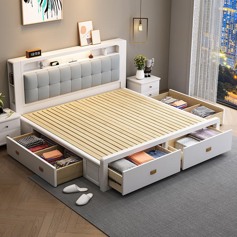 现代简约白色实木床1.8米北欧双人床主卧软包1.5米轻奢储物抽屉床