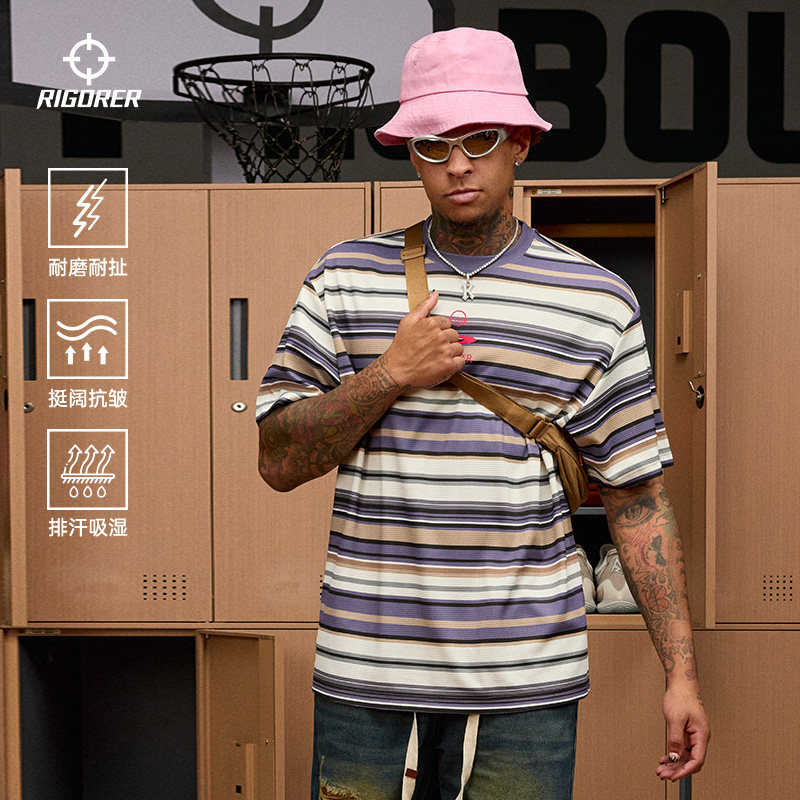 准者透气短袖T恤夏季男新款运动宽松华夫格百搭复古条纹半袖上衣