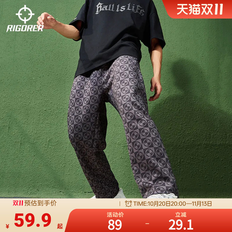 准者篮球花裤子运动长裤男秋季美式复古直筒宽松卫裤透气印花裤子