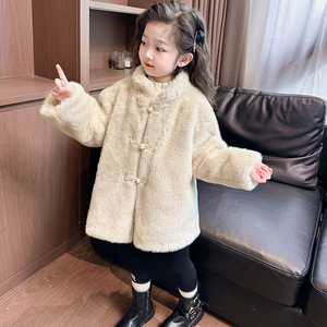 女童冬装小女孩棉衣宝宝仿皮草水貂绒外套中大童毛毛衣中式过年服