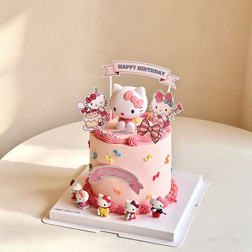 网红粉色系可爱卡通猫甜品台装饰生日周岁百天宴装饰女孩蛋糕摆件