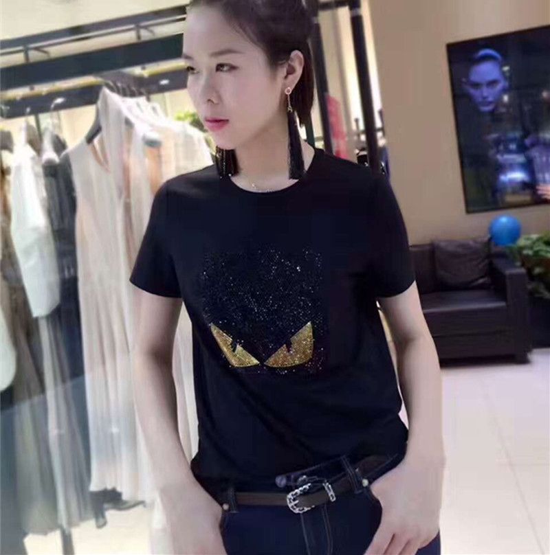新颖哥弟特正品女装2018夏季新款百搭镶钻大码宽松短袖T恤女上衣