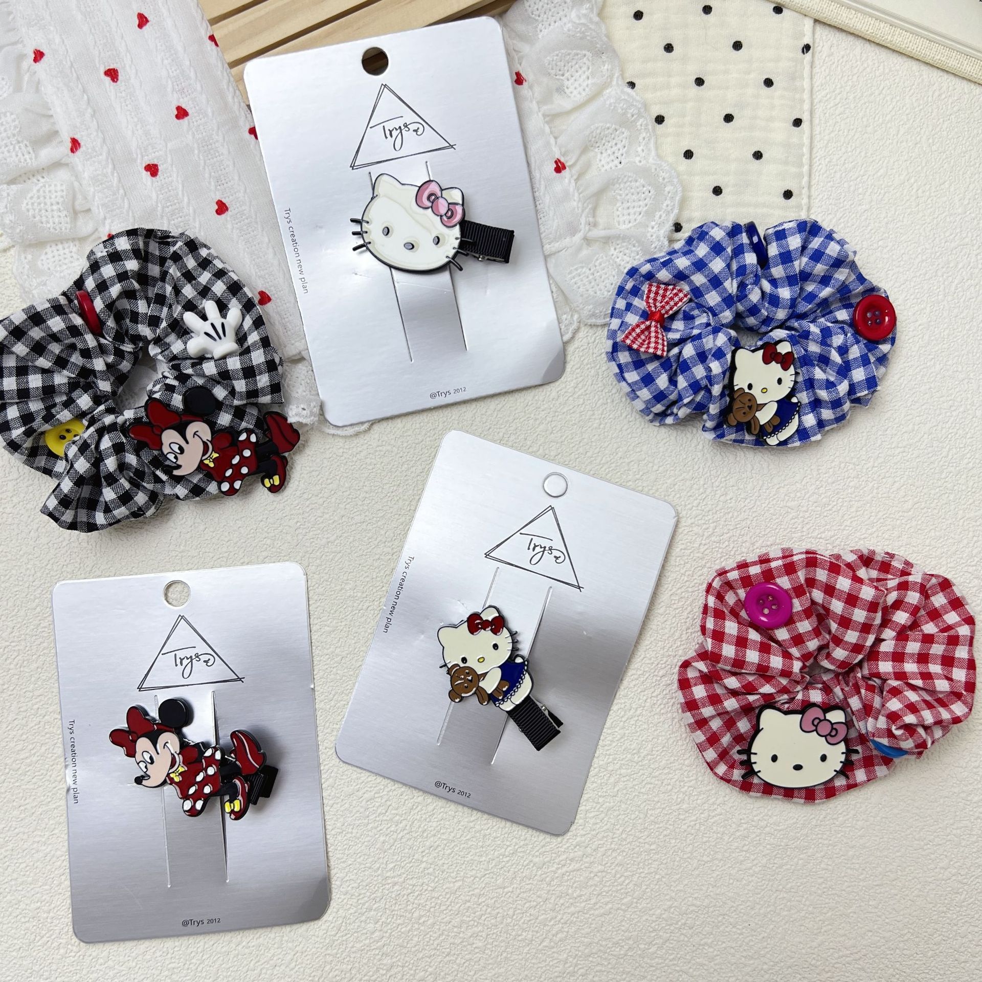 领结kt猫布艺格纹儿童发夹发圈