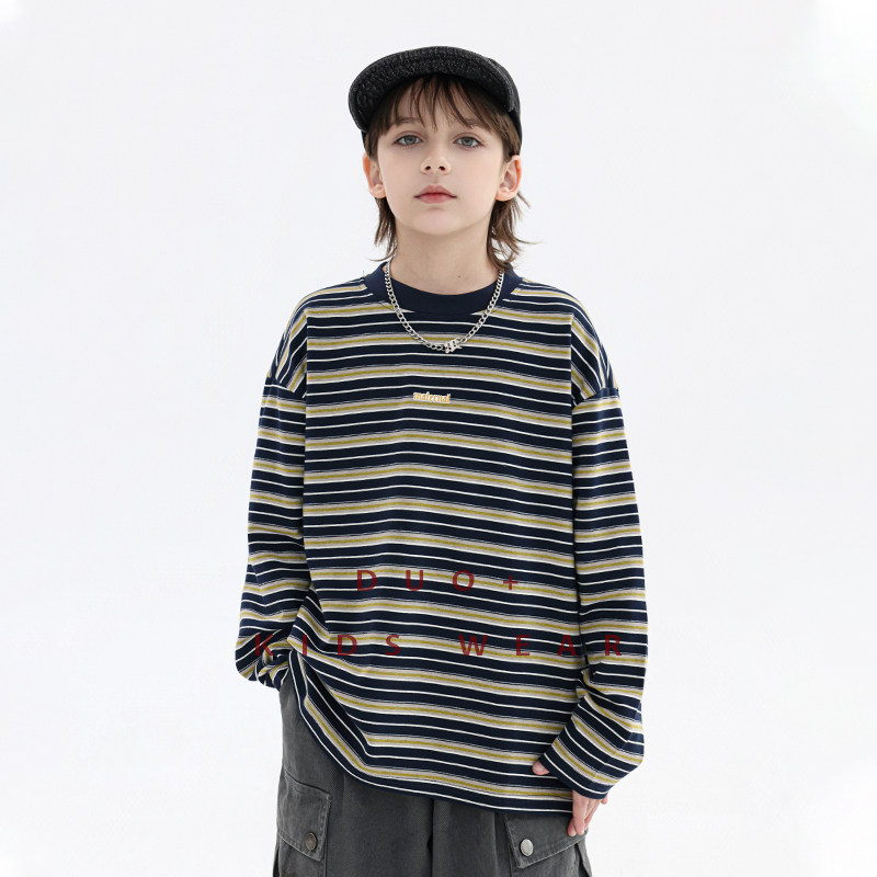 多加潮牌童装儿童长袖条纹t恤男童撞色打底衫春装中大童帅气上衣