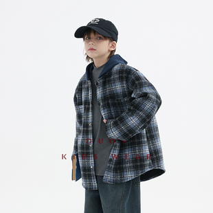 多加潮牌童装男童格子加绒外套秋冬装新款加厚外套中大童韩版上衣