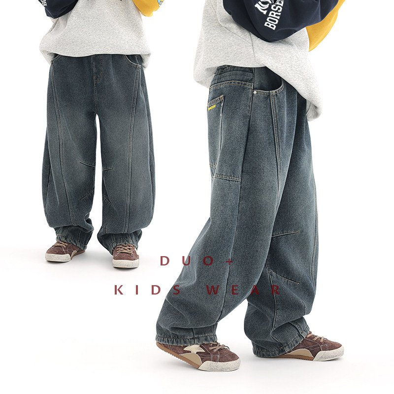 冬款上新 做旧复古水洗打褶加绒牛仔裤直筒裤