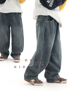 多加潮牌童装儿童加绒直筒牛仔裤冬装新款中大童男童做旧长裤潮