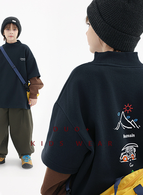 多加潮牌男童加绒圆领卫衣2025冬装新款山系半高领加厚套头上衣