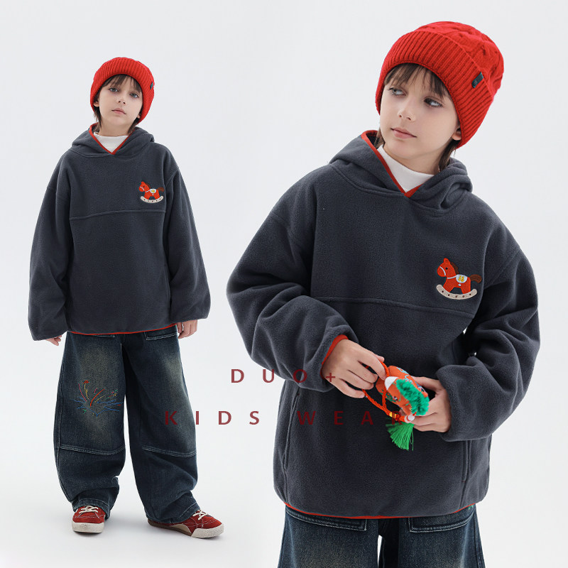 多加潮牌童装男童加绒过年卫衣冬装新款儿童马年连帽衫中大童上衣