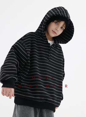 多加潮牌童装男童加绒条纹卫衣秋冬装儿童美式连帽衫加厚中大童潮