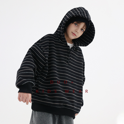 多加潮牌童装男童加绒条纹卫衣秋冬装儿童美式连帽衫加厚中大童潮