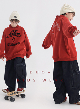 多加潮牌男童加绒红色卫衣冬装新款儿童企鹅套头衫过年中大童上衣