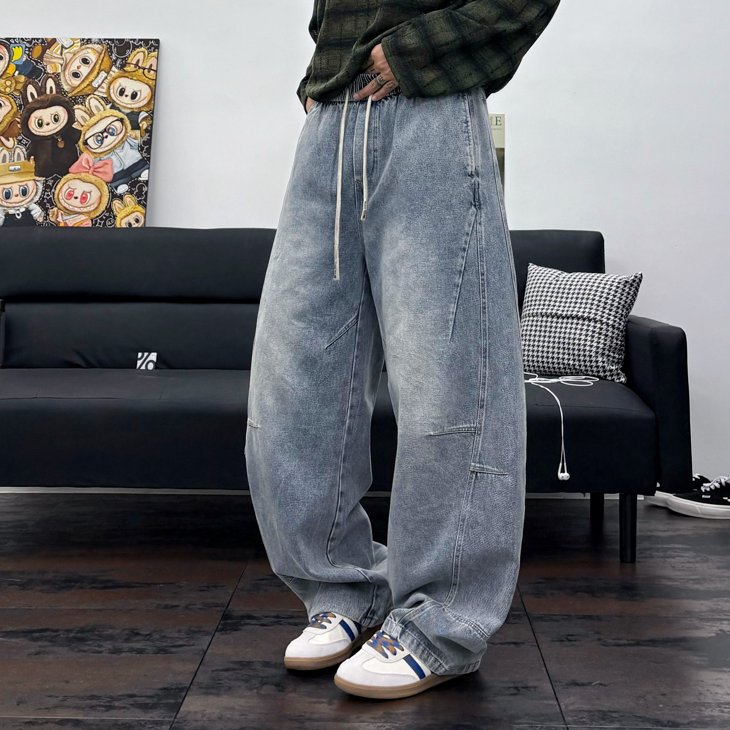 秋冬抽绳立体裁剪复古小弯刀阔腿牛仔裤男痞帅水洗拼接宽松直筒裤,男装,牛仔裤,淘宝优惠券,粉丝福利购,淘宝优惠卷