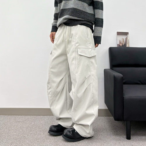 秋冬加绒厚立体裁剪结构宽松直筒休闲裤男美式大口袋阔腿工装裤潮