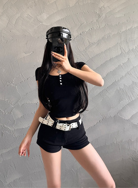 M5310黑色低腰牛仔短裤女紧身弹力a字y2千禧辣妹纯欲热裤送腰带