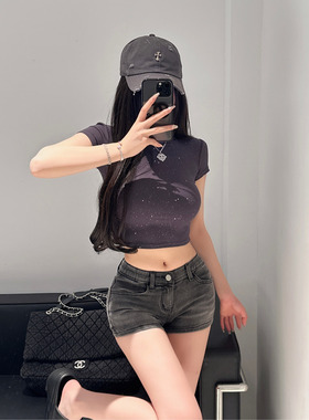 M5228blingbling满天星亮片抽褶修身短袖T恤夏季辣妹短款上衣