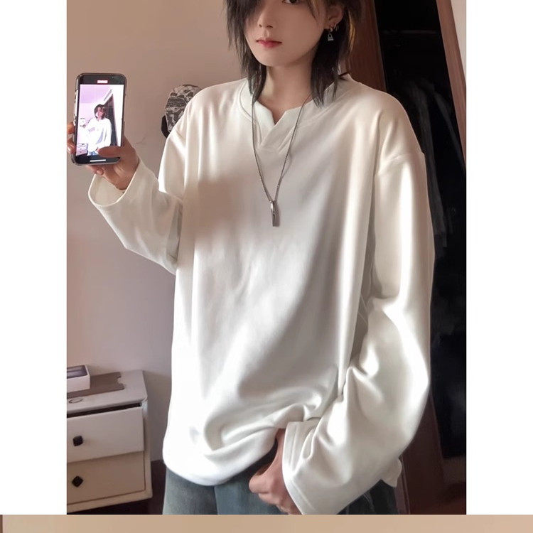 双面德绒v领打底衫男款冬季重磅美式长袖t恤内搭情侣白色无帽上衣,男装,T恤,淘宝优惠券,粉丝福利购,淘宝优惠卷