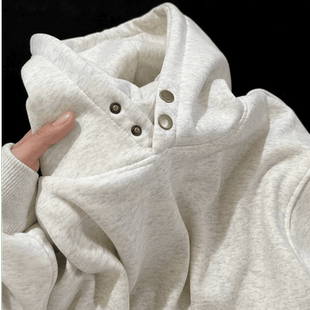 2025新款美式重磅420克双纽扣连帽卫衣白花灰纯色宽松男女款上衣