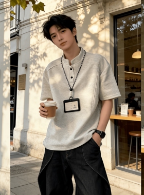 白灰色立领纯色短袖T恤男士夏季高级感美式痞帅boxy拼接半袖上衣