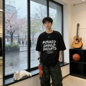 宽松时尚 印花字母美式 潮流休闲圆领男士 新款 百搭上衣 港风t恤夏季