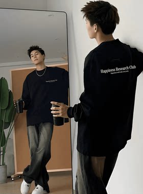纯棉男生秋季美式宽松百搭长上衣