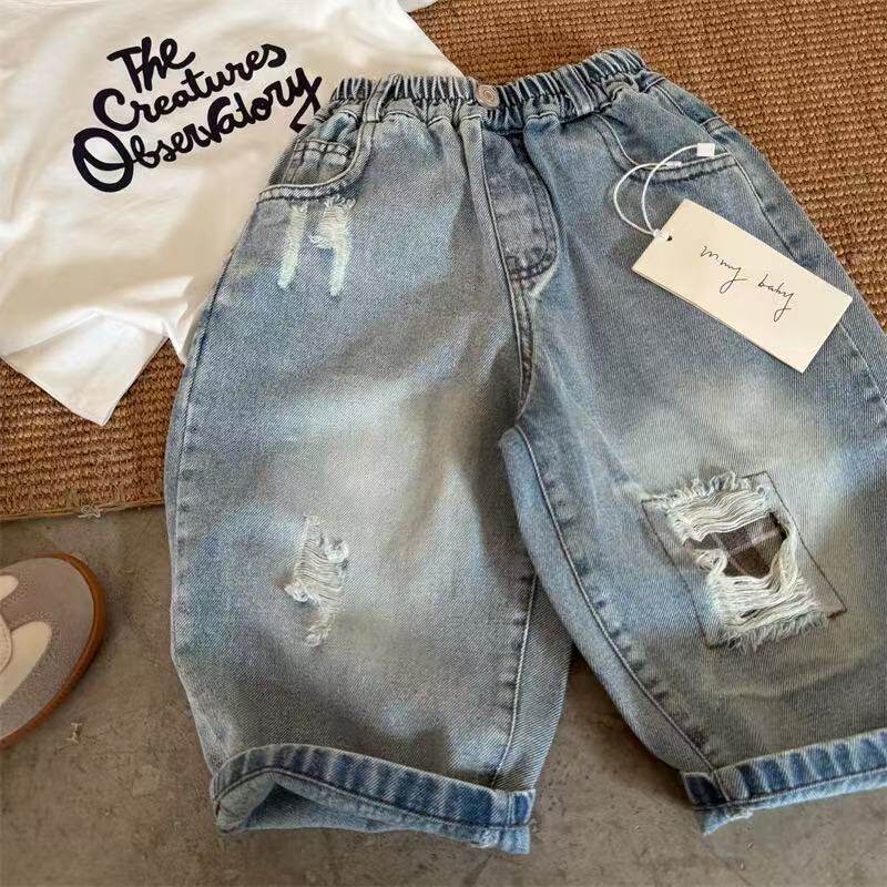夏季男童牛仔九分裤薄款宽松破洞儿童中裤中大童韩版休闲裤子