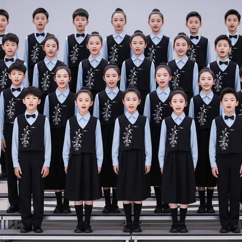 。儿童小学生爱国合唱演出服蓝色中国风演讲朗诵比赛服装男女童礼