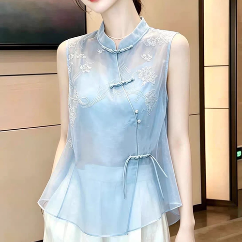 浅蓝刺绣新中式衬衫立领盘扣系带收腰国风仙气无袖女蓝色纱网