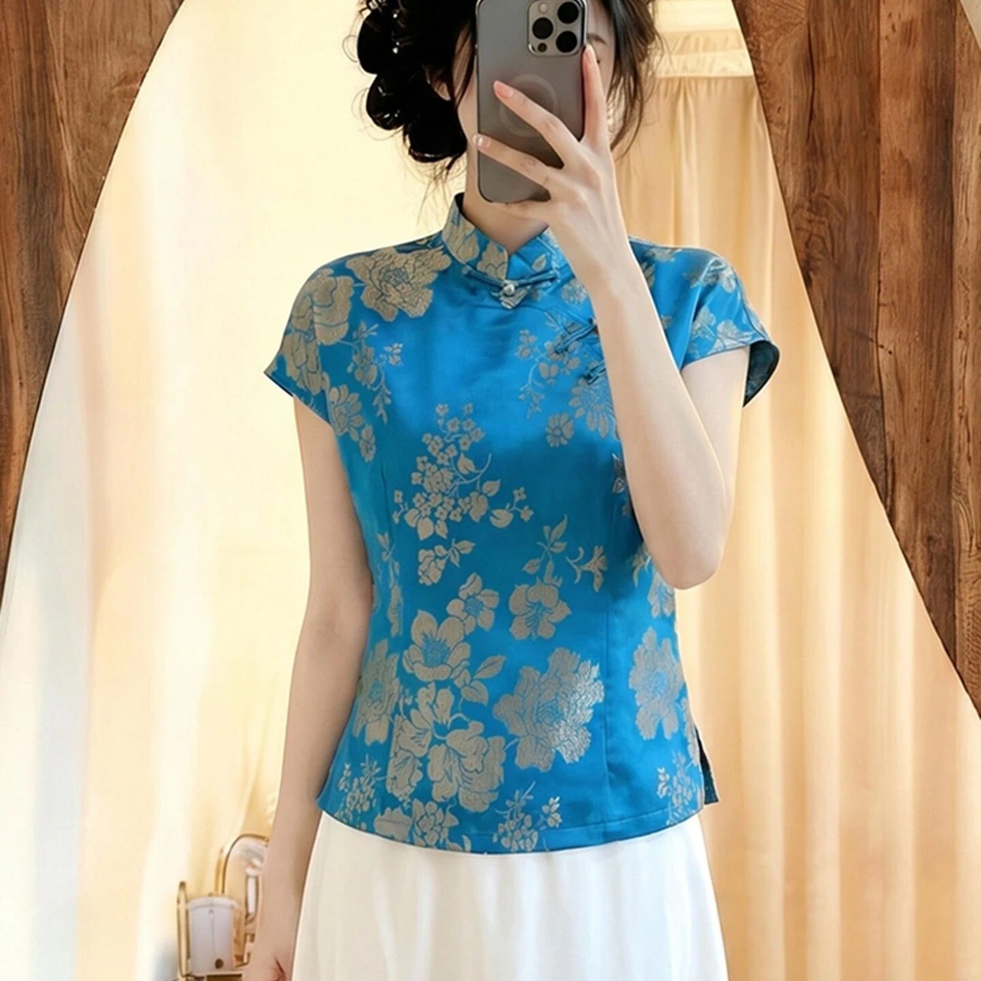 夏季新中式立领盘扣印花短袖衬衫图片