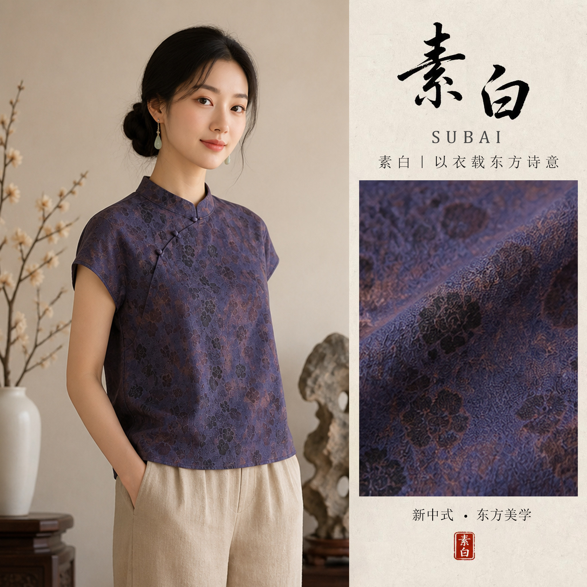 新中式紫色印花立领斜襟衬衫女2026秋季新款复古盘扣短袖百搭上衣