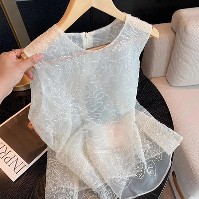 白色新中式重工钉珠刺绣无袖上衣女春季新款高级感爆款薄款背心