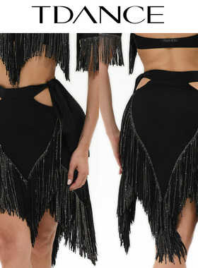 TDANCE拉丁练习服女【腰间镂空系带流苏半裙】动感上课班服GL-187