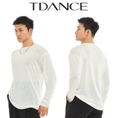 基础白色集训上课百搭BS TDANCE拉丁舞练习服 圆领斜摆上衣