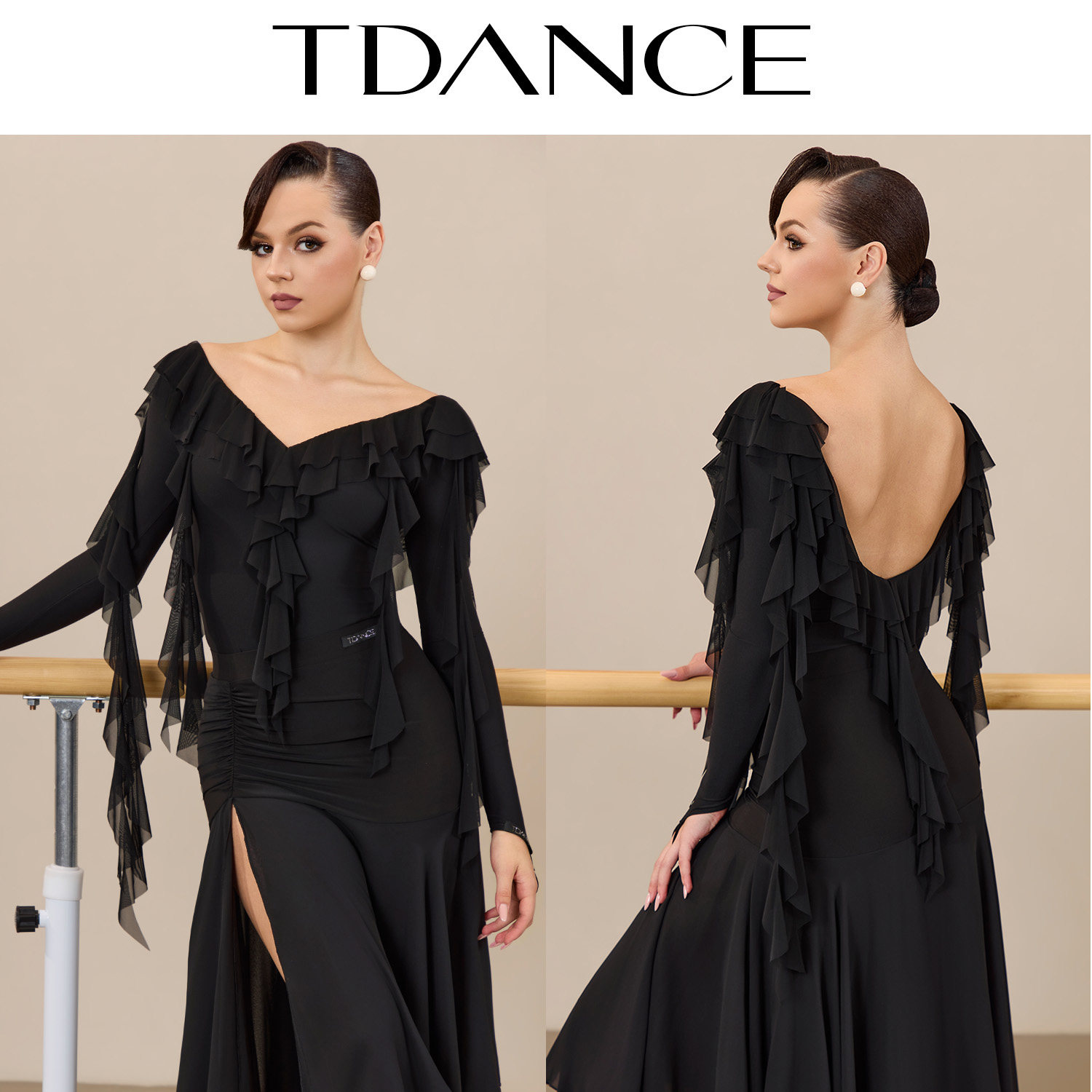 TDANCE成人摩登舞【V领荷叶边长袖连体上衣】女狐步交谊舞JM-379