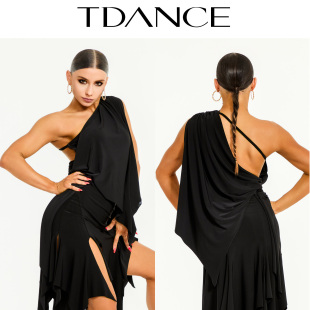 TDANCE女拉丁练习【单肩大飘片连体上衣】遮肉不对称带胸垫GL-69