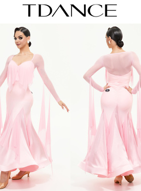 TDANCE摩登表演服【粉雾漫舞】飘逸交谊舞浅粉鱼骨大摆华尔兹SM16