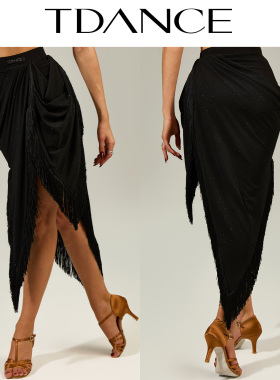TDANCE拉丁练功服【长款抓褶镂空流苏半裙】班服女表演动感GL-253