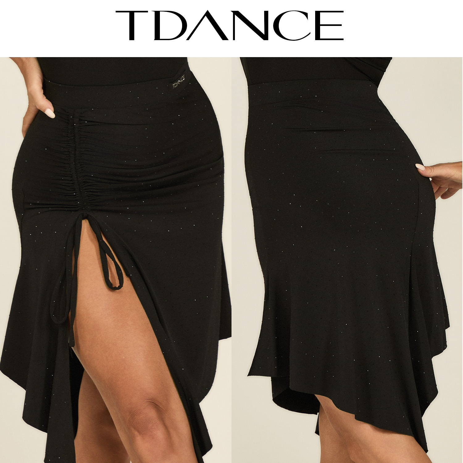 TDANCE烫钻亮皮抽褶抽绳半裙