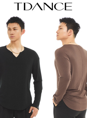 TDANCE拉丁舞练习服男士【小V口长袖上衣】圆领班服基础纯色BS-34